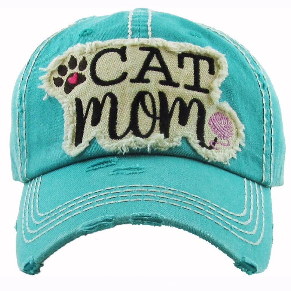 Cat Mom Distressed Aqua Green Cap Hat NEW Fast Ship